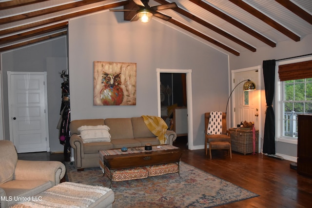 living area featuring baseboards, a ceiling fan, beamed ceiling, and wood finished floors