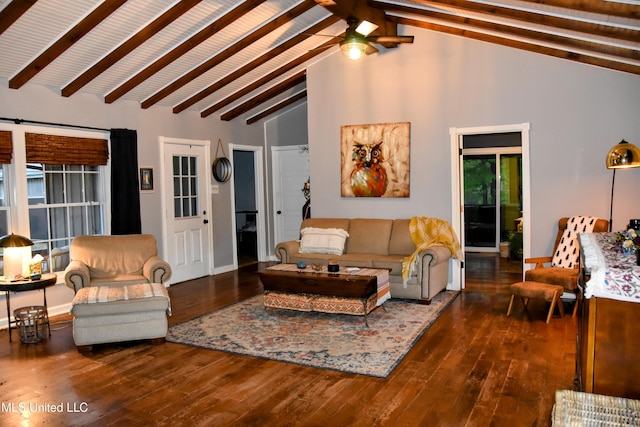 living area with high vaulted ceiling, beamed ceiling, a ceiling fan, and hardwood / wood-style floors