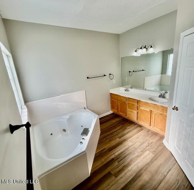 bathroom with a bath, hardwood / wood-style flooring, and vanity