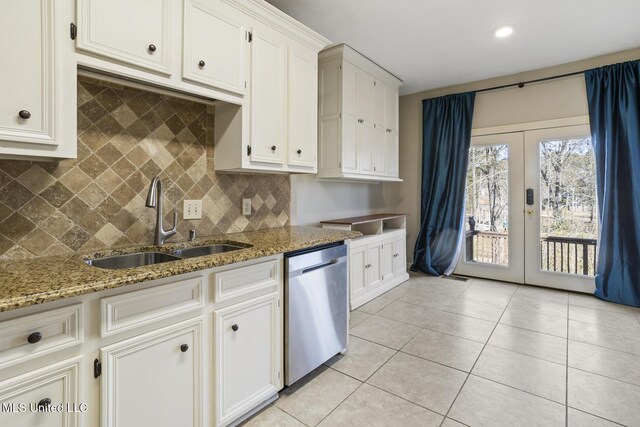 kitchen with stainless steel dishwasher, french doors, stone countertops, white cabinets, and sink