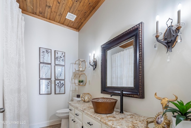 bathroom featuring vanity, crown molding, wooden ceiling, toilet, and lofted ceiling