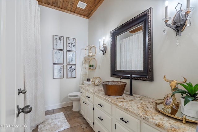 bathroom featuring tile patterned flooring, toilet, vanity, wood ceiling, and ornamental molding