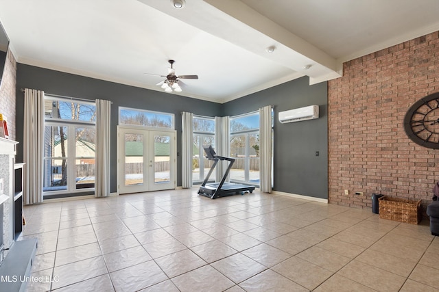 interior space featuring french doors, an AC wall unit, ceiling fan, light tile patterned flooring, and brick wall