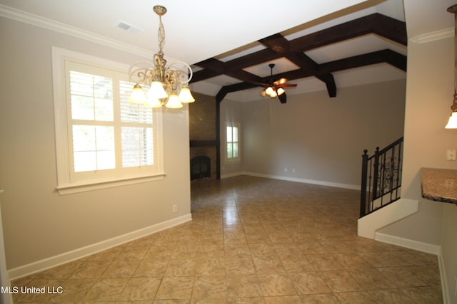 unfurnished living room with beam ceiling, a large fireplace, crown molding, light tile patterned floors, and ceiling fan with notable chandelier