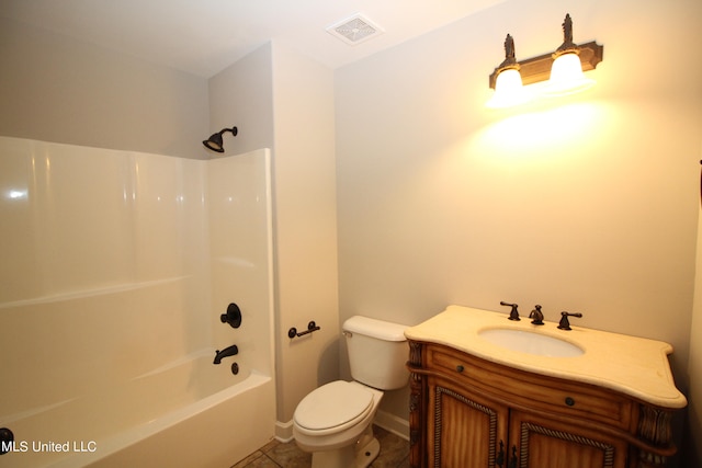 full bathroom with  shower combination, vanity, toilet, and tile patterned floors