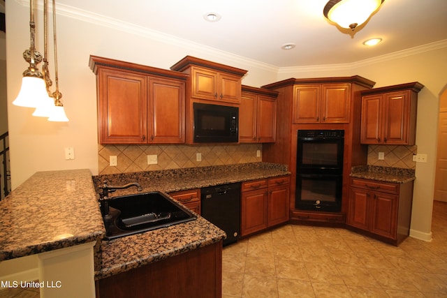 kitchen featuring decorative backsplash, ornamental molding, black appliances, decorative light fixtures, and sink