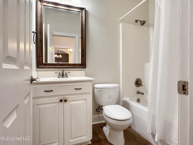 full bathroom featuring shower / bath combo with shower curtain, toilet, vanity, and tile patterned flooring