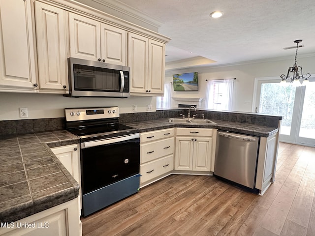 kitchen featuring a sink, a peninsula, crown molding, and stainless steel appliances