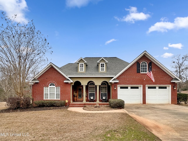 traditional-style home with driveway, roof with shingles, a porch, a garage, and brick siding