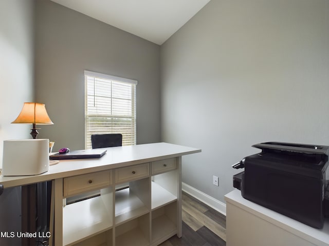 office area with dark hardwood / wood-style flooring