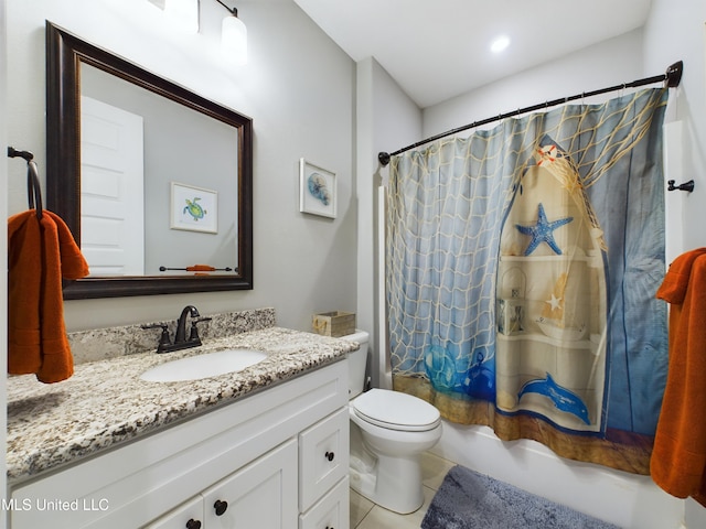 full bathroom featuring tile patterned floors, vanity, shower / bath combo, and toilet