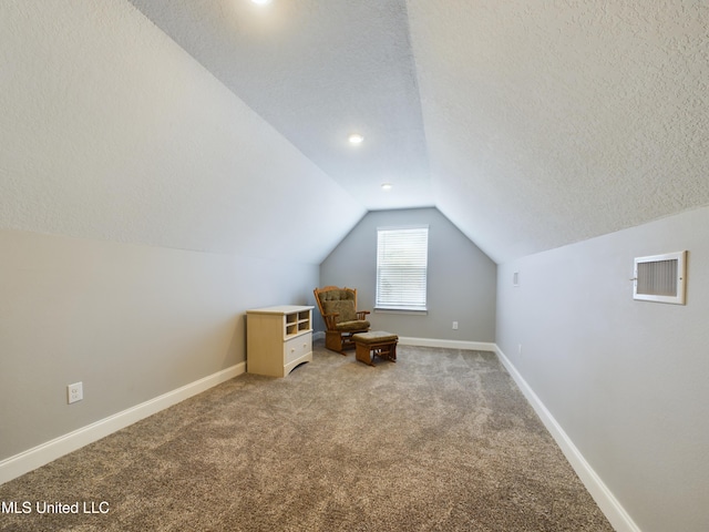 additional living space with carpet, a textured ceiling, and vaulted ceiling