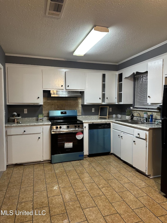 kitchen with sink, ornamental molding, white cabinets, and appliances with stainless steel finishes