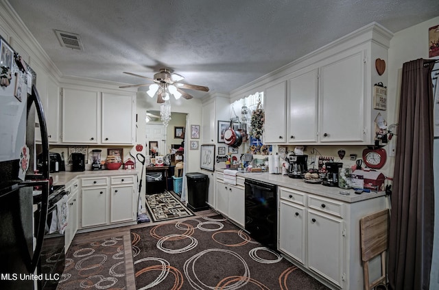 kitchen with ceiling fan, ornamental molding, black appliances, a textured ceiling, and white cabinets