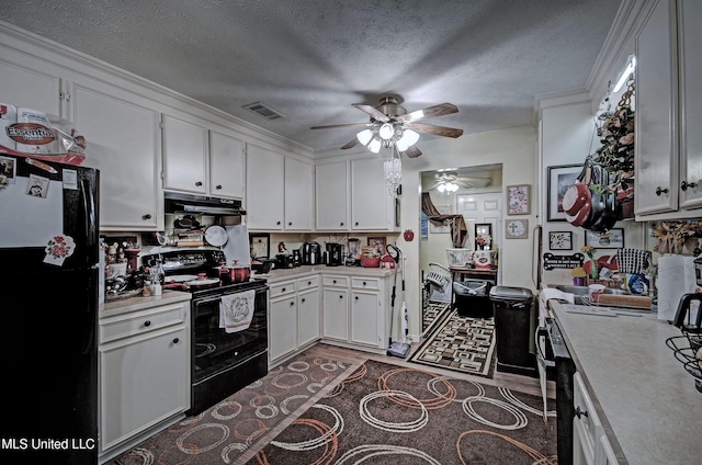 kitchen featuring white cabinets, black appliances, a textured ceiling, and ceiling fan