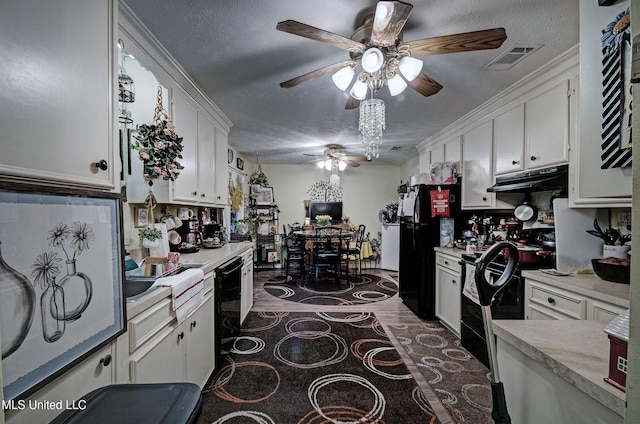 kitchen featuring white cabinetry, ceiling fan, a textured ceiling, and black appliances