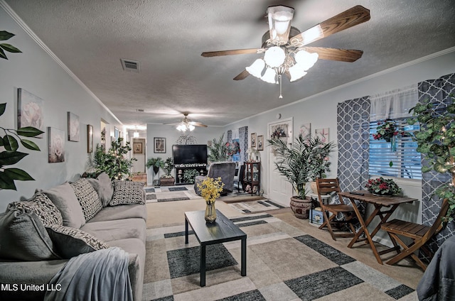 living room with ornamental molding and a textured ceiling