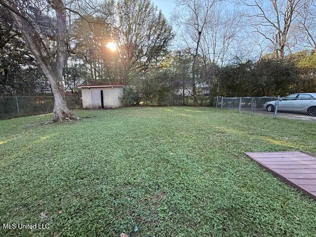 view of yard featuring a storage unit