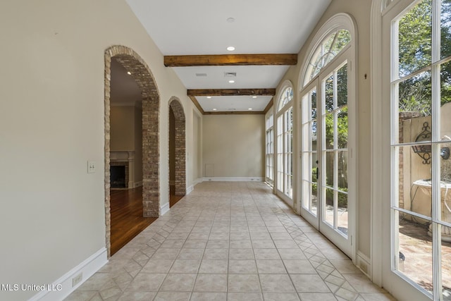1 Cypress Ln, Jackson, MS 39211 - hallway with beam ceiling, arched walkways, and recessed lighting