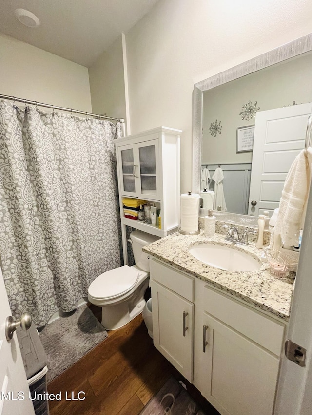 bathroom with wood finished floors, toilet, vanity, and a shower with curtain