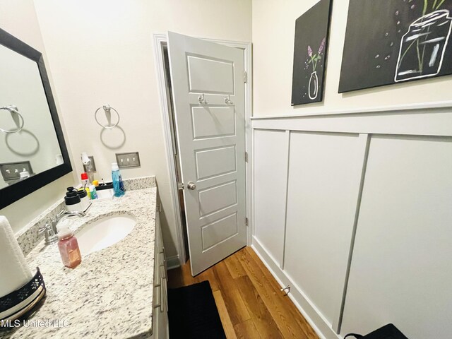 bathroom with wood finished floors and vanity