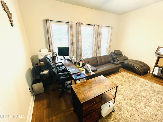 office space featuring plenty of natural light, baseboards, and wood finished floors
