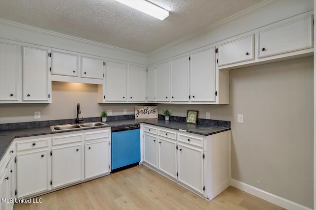 800 Longwood Pl, Clinton, MS 39056 - kitchen featuring dishwasher, a sink, light wood-style flooring, white cabinetry, and crown molding