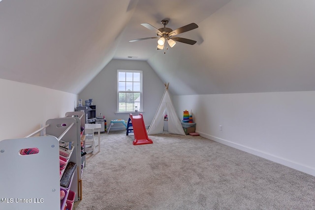 2561 Dela Dr, Southaven, MS 38672 - recreation room featuring vaulted ceiling, carpet, ceiling fan, and baseboards