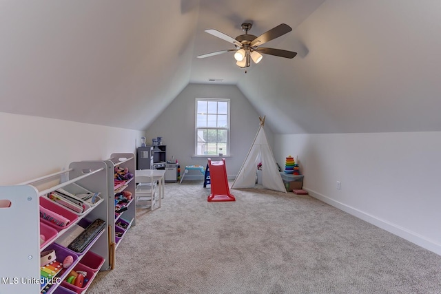 2561 Dela Dr, Southaven, MS 38672 - recreation room featuring vaulted ceiling, carpet floors, ceiling fan, and baseboards