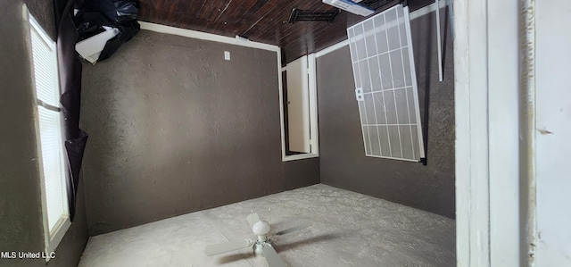 bathroom featuring wood ceiling and ceiling fan