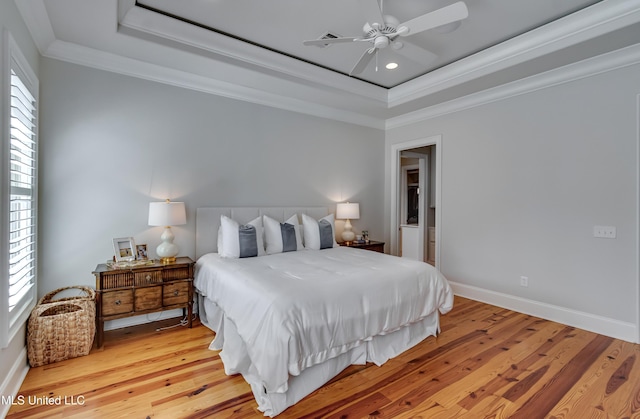 105 Longleaf Ln, Madison, MS 39110 - bedroom featuring a raised ceiling, ornamental molding, light wood-style flooring, recessed lighting, and ceiling fan