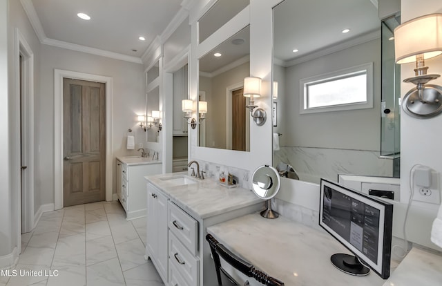 105 Longleaf Ln, Madison, MS 39110 - full bath with marble finish flooring, vanity, recessed lighting, ornamental molding, and a chandelier