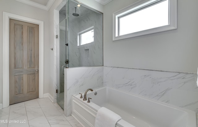 105 Longleaf Ln, Madison, MS 39110 - bathroom with a marble finish shower, a garden tub, crown molding, and marble finish flooring