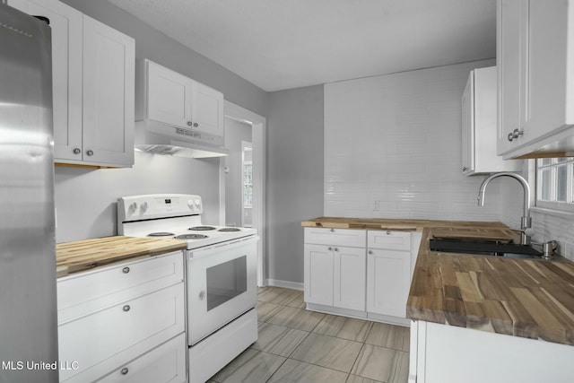 kitchen with sink, white cabinetry, white range with electric stovetop, and wood counters