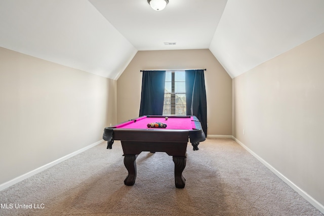 game room featuring carpet floors, billiards, and lofted ceiling