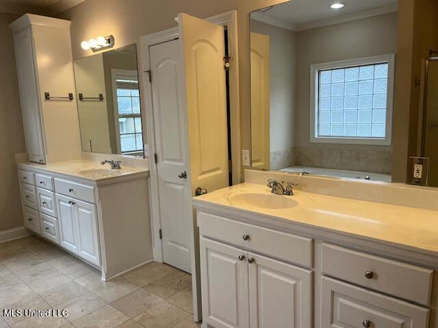 bathroom with vanity, crown molding, and a tub to relax in