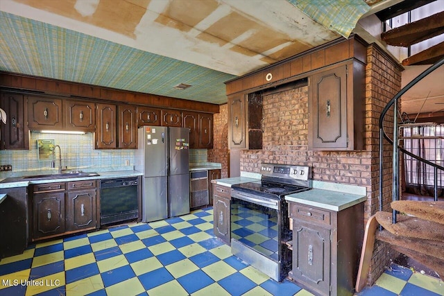 kitchen featuring sink, fridge, black dishwasher, dark brown cabinetry, and stainless steel electric stove