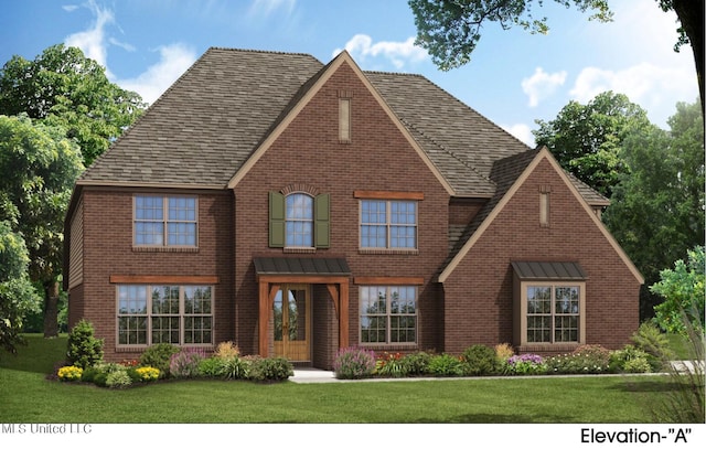 tudor-style house featuring brick siding, french doors, a shingled roof, and a front lawn