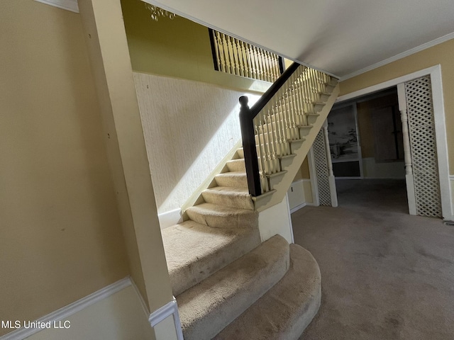 staircase with crown molding and carpet flooring