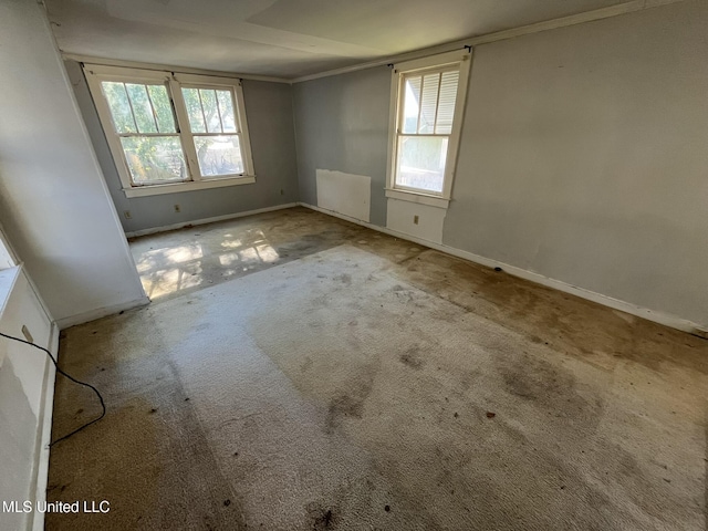 carpeted spare room with crown molding and a healthy amount of sunlight