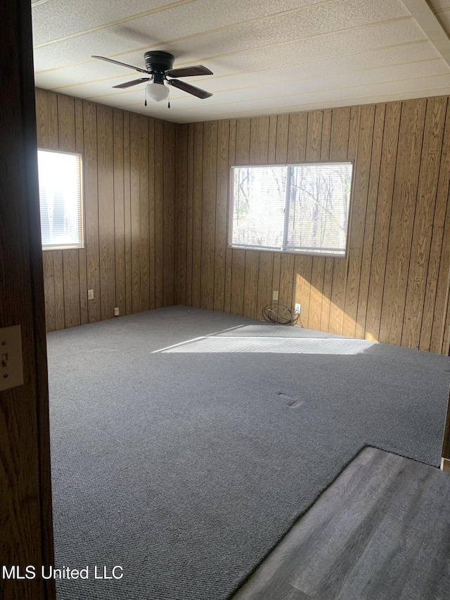 spare room featuring carpet flooring, a ceiling fan, a wealth of natural light, and a textured ceiling