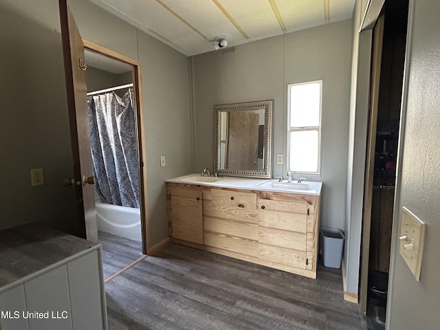 full bathroom with double vanity, wood finished floors, and a sink