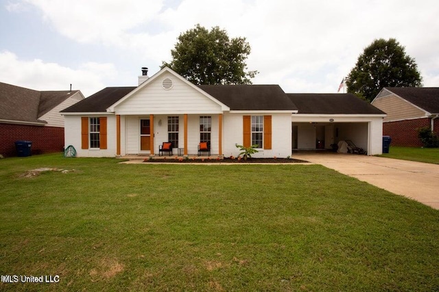 4181 Meadow Creek Dr, Horn Lake, MS 38637 - view of front facade featuring covered porch, concrete driveway, a front lawn, and a chimney