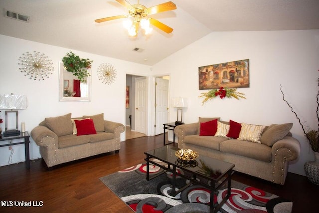 4181 Meadow Creek Dr, Horn Lake, MS 38637 - living room featuring vaulted ceiling, a ceiling fan, and wood finished floors
