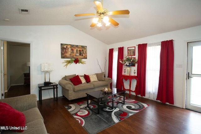 4181 Meadow Creek Dr, Horn Lake, MS 38637 - living room featuring wood finished floors, a ceiling fan, and lofted ceiling
