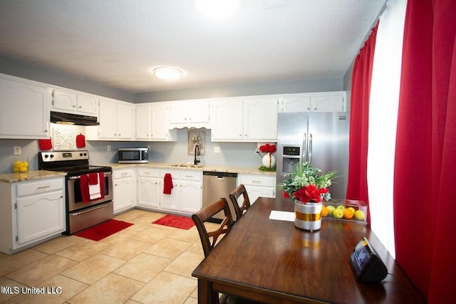 4181 Meadow Creek Dr, Horn Lake, MS 38637 - kitchen with appliances with stainless steel finishes, under cabinet range hood, and white cabinetry