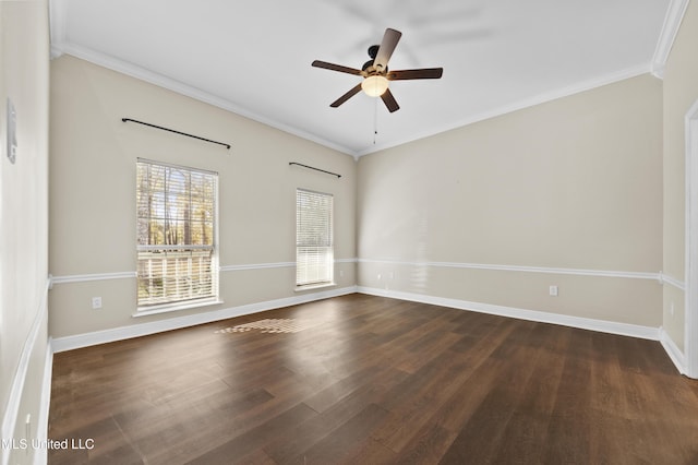 unfurnished room featuring ceiling fan, dark hardwood / wood-style flooring, and crown molding