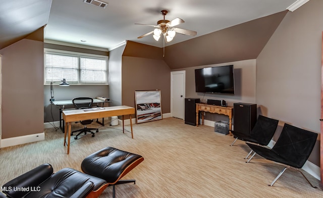 office space with lofted ceiling, light colored carpet, ceiling fan, and ornamental molding