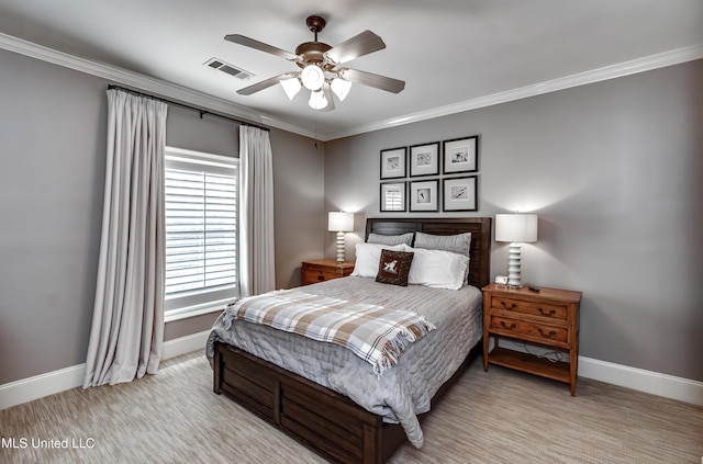 bedroom featuring ceiling fan and ornamental molding