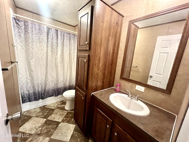 bathroom featuring shower / bath combination with curtain, toilet, a textured ceiling, and vanity